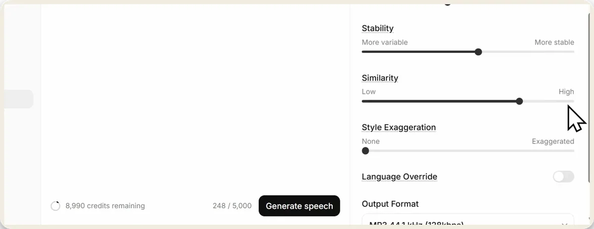 L’écran de réglage de la voix : stabilité, similarité, exagération du style.